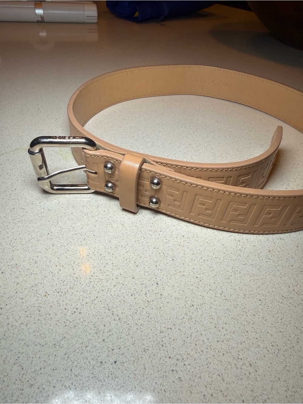 Fendi Beige Embossed FF Logo Leather Belt with Silver Buckle